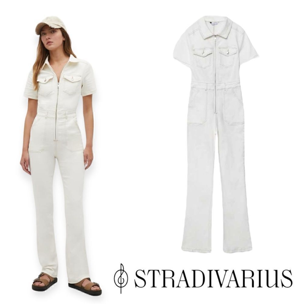Stradivarius White Denim Utility Jumpsuit Size L NWT Zip Front Wide Leg One Piec - Picture 11 of 11